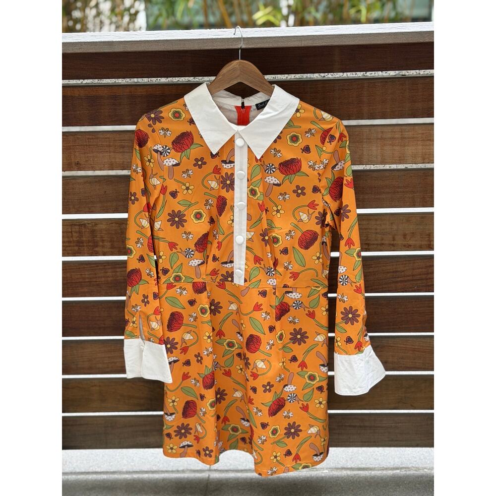 Smak Parlour orange floral mushroom print mini dress peter pan collar size L